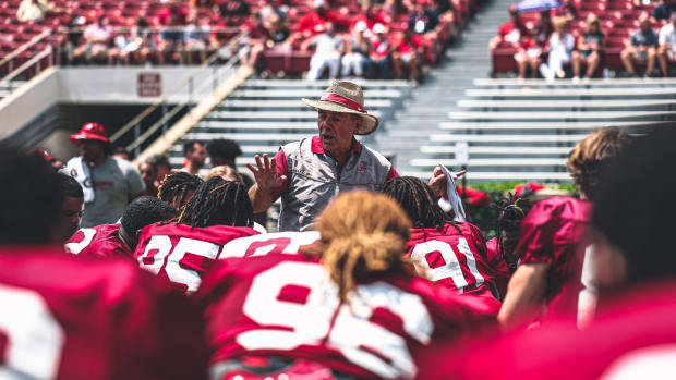 Nick Saban talks to the Crimson Tide after the scrimmage on April 15, 2023